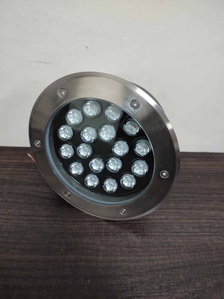 SPOT DE PISO CIRCULAR 18W  LUZ CALIDA 3500K  AC 100-270V COLOR: PLATEADO 